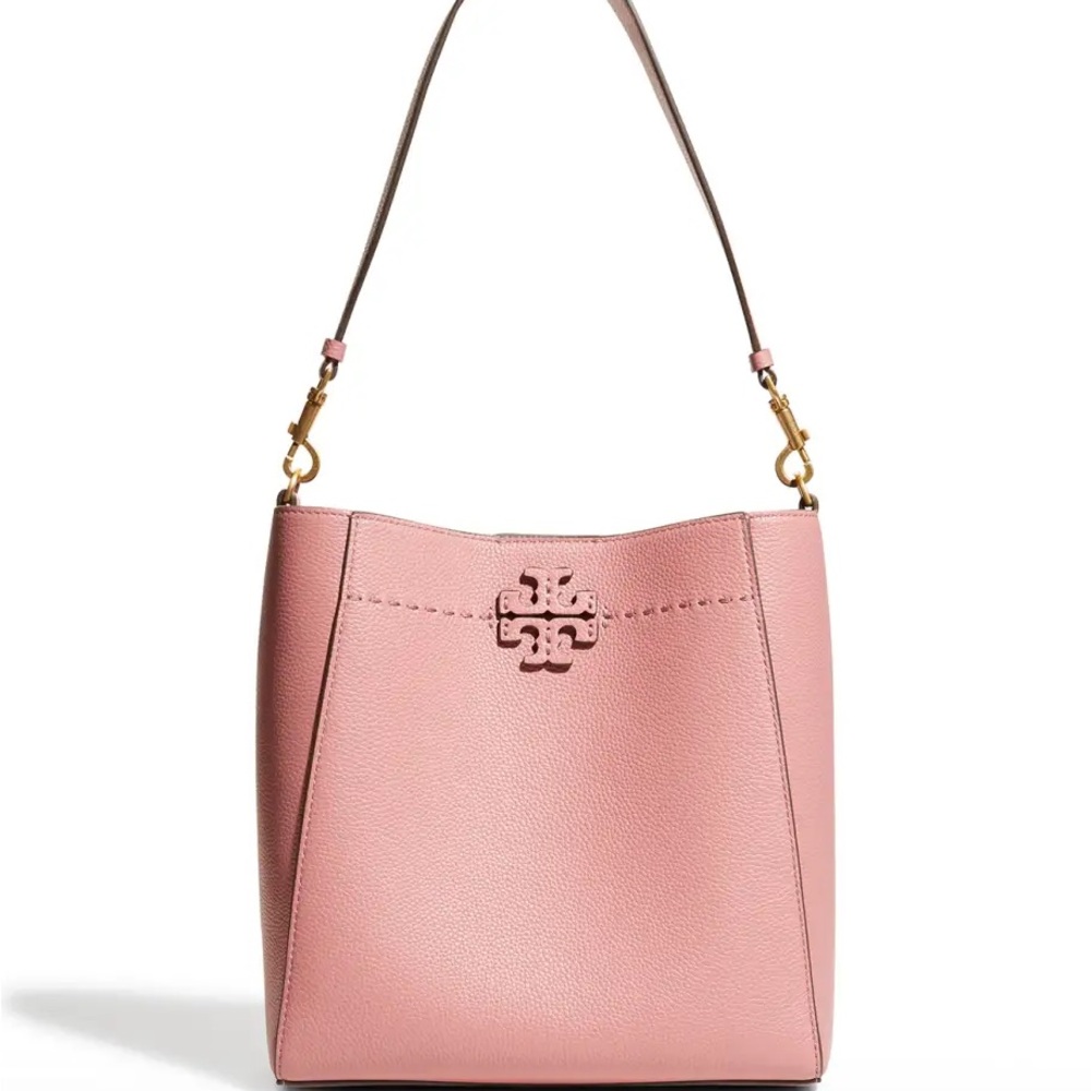 Tory Burch McGraw bucket bag in pink pebbled leather
